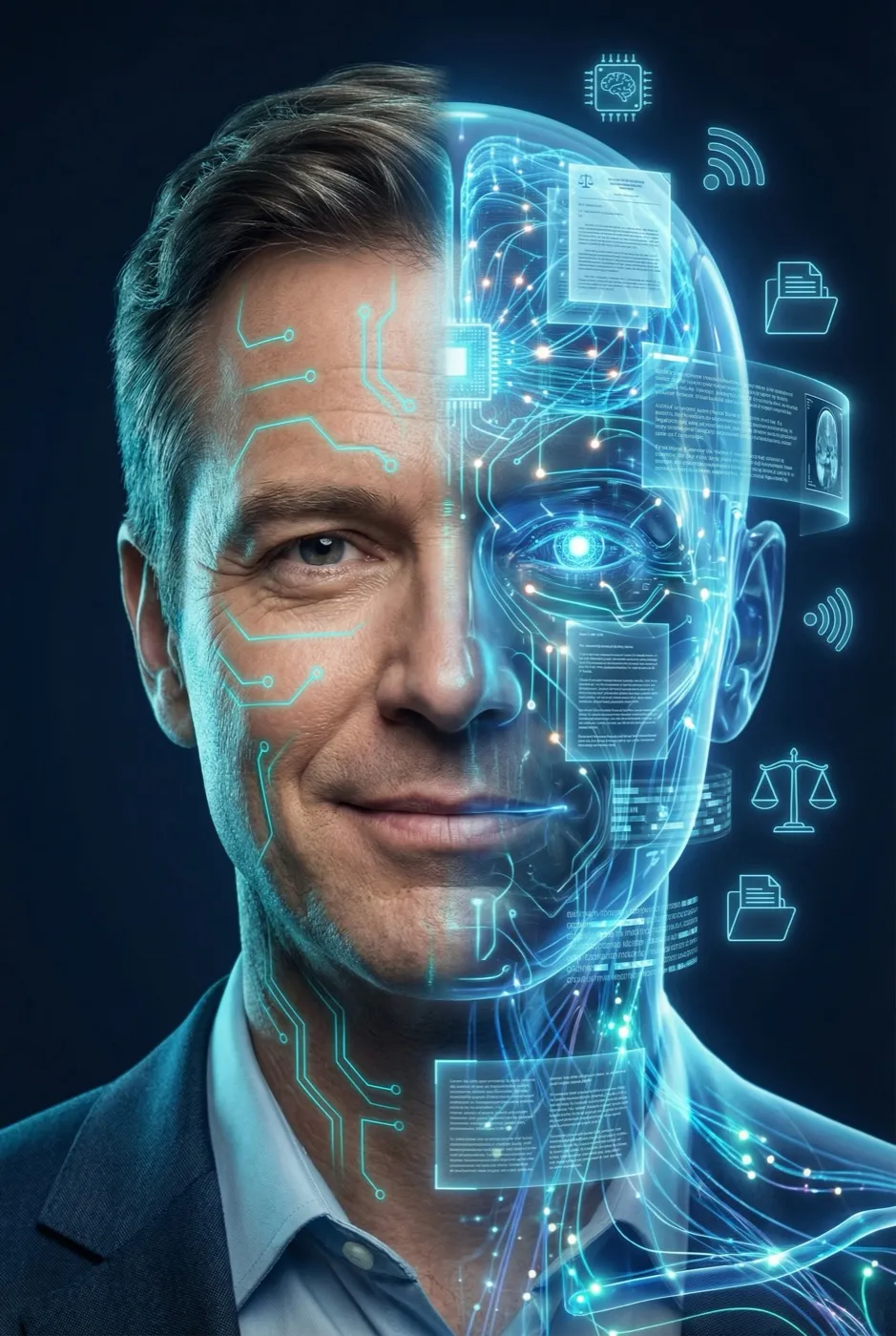 Legal professional represented as half human and half AI system