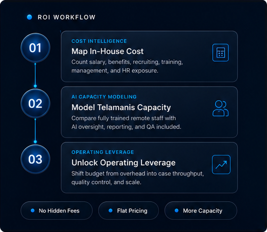 ROI workflow graphic showing map in-house cost, model Telamanis capacity, and unlock operating leverage.
