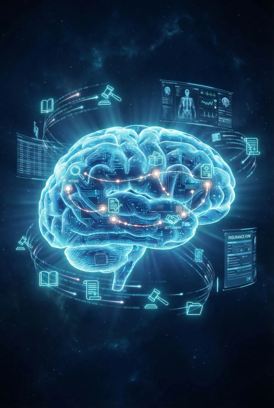 Illuminated AI brain surrounded by personal injury workflow signals
